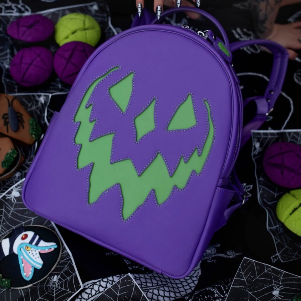 Lively Ghosts Pumpkin Beetle Juice Jack O Lantern Purple Green Backpack